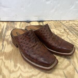 Lucchese 2000 Womens Ostrich Leather Clogs Size 7.5 Brown Wooden Heel Slip On